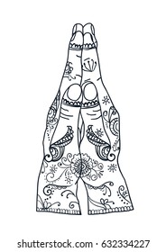 Element yoga mudra hands namaste with mehndi patterns. Vector illustration. Indian traditional lifestyle.