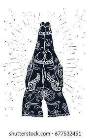Element yoga mudra hands namaste with mehndi patterns. Vector illustration. Indian traditional lifestyle.