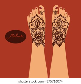 Element yoga mudra legs with mehendi patterns. Vector illustration for a yoga studio, tattoo, spas, postcards, souvenirs. Indian traditional lifestyle.