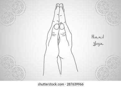 Element yoga mudra namaste namaste hands with mehendi patterns. Vector illustration for a yoga studio, tattoo, spas, postcards, souvenirs. Indian traditional lifestyle.