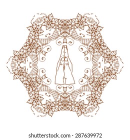 Element yoga mudra namaste hands with mehendi patterns. Vector illustration for a yoga studio, tattoo, spas, postcards, souvenirs. Indian traditional lifestyle.