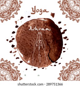 Element yoga mudranamaste  hands with mehendi patterns. Vector illustration for a yoga studio, tattoo, spa, postcards, souvenirs. Indian traditional lifestyle.