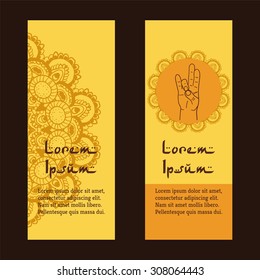 Element yoga Prithivi mudra hands with mehendi patterns. Vector illustration for a yoga studio, tattoo, spa, postcards, souvenirs. 