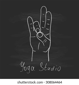 Element yoga Prithivi mudra hands with mehendi patterns. Vector illustration for a yoga studio, tattoo, spa, postcards, souvenirs. 