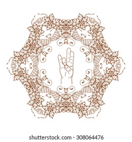 Element yoga Prithivi mudra hands with mehendi patterns. Vector illustration for a yoga studio, tattoo, spa, postcards, souvenirs. 