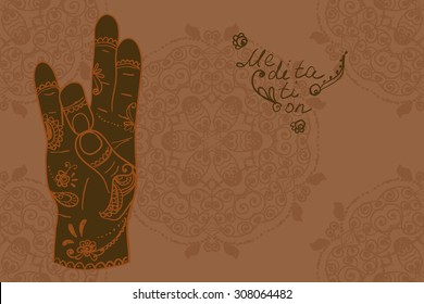 Element yoga Prithivi mudra hands with mehendi patterns. Vector illustration for a yoga studio, tattoo, spa, postcards, souvenirs. 