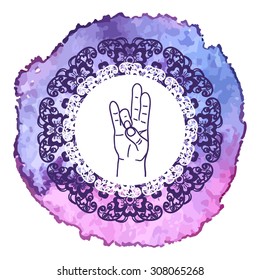 Element yoga Prithivi mudra hands with mehendi patterns. Vector illustration for a yoga studio, tattoo, spa, postcards, souvenirs. 