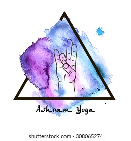 Element yoga Prithivi mudra hands with mehendi patterns. Vector illustration for a yoga studio, tattoo, spa, postcards, souvenirs. 
