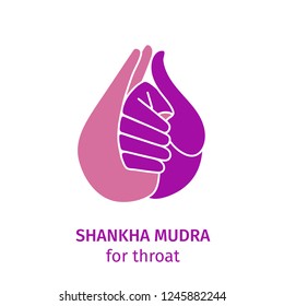 Element yoga shankha mudra hands. Vector illustration for a yoga studio, spa, postcards, souvenirs. Pink hand and purple hand in gesture. Hand drawn drawn colorful hands in meditation, for design