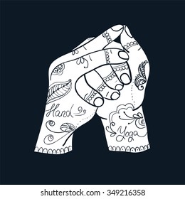 Element yoga Shankha mudra hands with mehendi patterns. Vector illustration for a yoga studio, tattoo, spa, postcards, souvenirs.