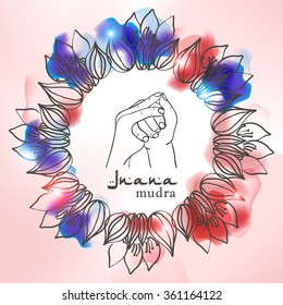 Element yoga Shankha mudra hands with mehendi patterns. Vector illustration for a yoga studio, tattoo, spa, postcards, souvenirs.