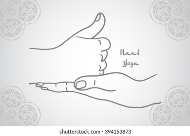 Element yoga shiva linga mudra hands with mehendi patterns. Vector illustration for a yoga studio, tattoo, spa, postcards, souvenirs.