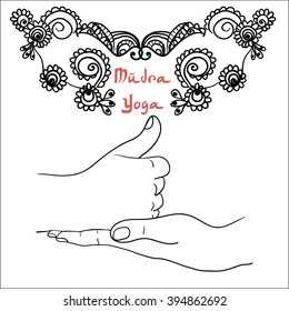 Element yoga shiva linga mudra hands with mehendi patterns. Vector illustration for a yoga studio, tattoo, spa, postcards, souvenirs.
