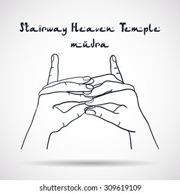 Element yoga Stairway Heaven Temple mudra hands with mehendi patterns. Vector illustration for a yoga studio, tattoo, spa, postcards, souvenirs. 