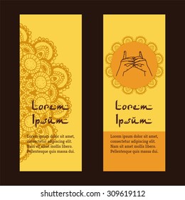 Element yoga Stairway Heaven Temple mudra hands with mehendi patterns. Vector illustration for a yoga studio, tattoo, spa, postcards, souvenirs. 