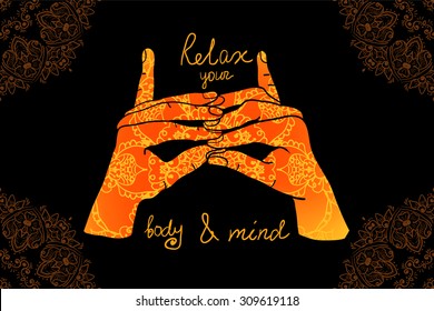 Element yoga Stairway Heaven Temple mudra hands with mehendi patterns. Vector illustration for a yoga studio, tattoo, spa, postcards, souvenirs. 