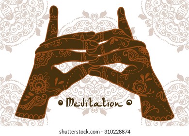 Element yoga Stairway Heaven Temple mudra hands with mehendi patterns. Vector illustration for a yoga studio, tattoo, spa, postcards, souvenirs. 