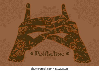 Element yoga Stairway Heaven Temple mudra hands with mehendi patterns. Vector illustration for a yoga studio, tattoo, spa, postcards, souvenirs. 