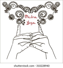 Element yoga Stairway Heaven Temple mudra hands with mehendi patterns. Vector illustration for a yoga studio, tattoo, spa, postcards, souvenirs. 