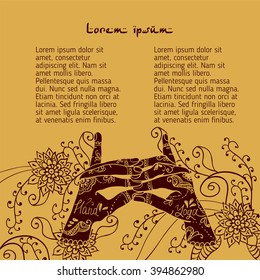  Element yoga Stairway Heaven Temple  mudra hands with mehendi patterns. Vector illustration for a yoga studio, tattoo, spa, postcards, souvenirs.