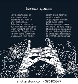  Element yoga Stairway Heaven Temple  mudra hands with mehendi patterns. Vector illustration for a yoga studio, tattoo, spa, postcards, souvenirs.