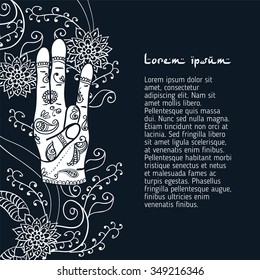 Element yoga Surya mudra hands with mehendi patterns. Vector illustration for a yoga studio, tattoo, spa, postcards, souvenirs.