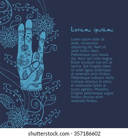 Element yoga Surya mudra hands with mehendi patterns. Vector illustration for a yoga studio, tattoo, spa, postcards, souvenirs.