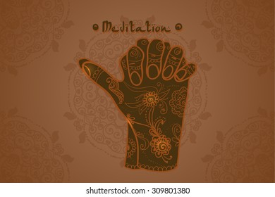 Element yoga Turtle mudra hands with mehendi patterns. Vector illustration for a yoga studio, tattoo, spa, postcards, souvenirs. 