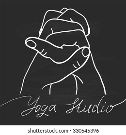 Element yoga Ushas  mudra hands with mehendi patterns. Vector illustration for a yoga studio, tattoo, spa, postcards, souvenirs. 