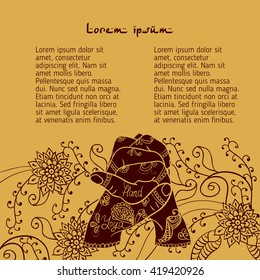  Element yoga Ushas mudra hands with mehendi patterns. Vector illustration for a yoga studio, tattoo, spa, postcards, souvenirs.