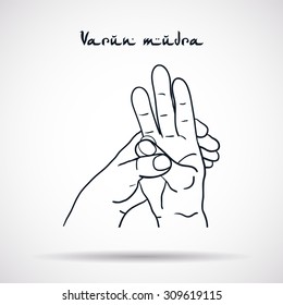 Element yoga Varun mudra hands with mehendi patterns. Vector illustration for a yoga studio, tattoo, spa, postcards, souvenirs. 