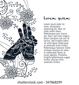 Element yoga varun mudra hands with mehendi patterns. Vector illustration for a yoga studio, tattoo, spa, postcards, souvenirs.