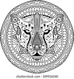 Element for your design. National ethnic circular pattern with the head of a Cheetah. Coloring page