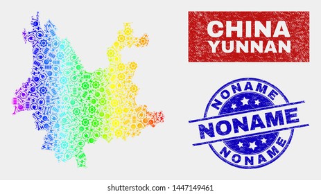 Element Yunnan Province map and blue Noname textured seal stamp. Rainbow colored gradiented vector Yunnan Province map mosaic of production parts. Blue rounded Noname imprint.