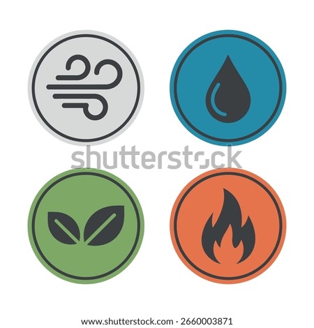 Elemental icons featuring air, water, earth, and fire. A symbolic representation of nature's forces in a unified circular design. Perfect for various projects.