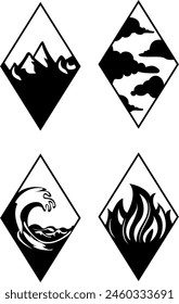 Conjunto de marco de tumba de iconos elementales. Símbolos mágicos sagrados para la alquimia y la Naturaleza. Agua, Fuego, Tierra, Aire, Cuatro Elementos Símbolos Alquímicos. Diseño de fondo blanco de la tarjeta del tarot. Alineación espiritual.