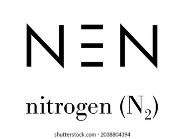 Elemental nitrogen (N2) molecule. Nitrogen gas is the main component of the Earth's atmosphere. Skeletal formula.