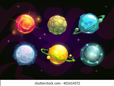 Elemental planets, fantasy space set, vector illustration