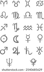 Elemente aus Metall und gotischen Stil astrologischen Symbole für die Dekoration auf Zeichen des Tierkreises und Horoskop Konzept.