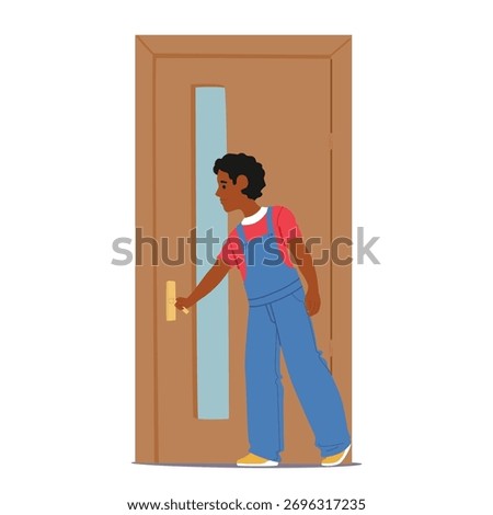 Elementary age boy cartoon character diligently engaged in coming and going action closing room or building door isolated vector illustration. Children transitions of everyday life to enter or exit