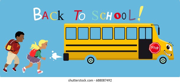 Elementary age boy and girl running after a school bus, text "Back to school" on top, EPS 8 vector illustration