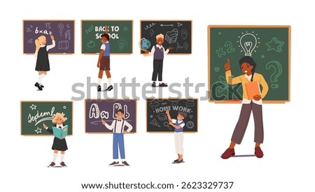 Elementary age children students cartoon characters standing at chalkboard isolated set on white. Cute smart boys and girls pupils doing tasks at blackboard during school lesson vector illustration