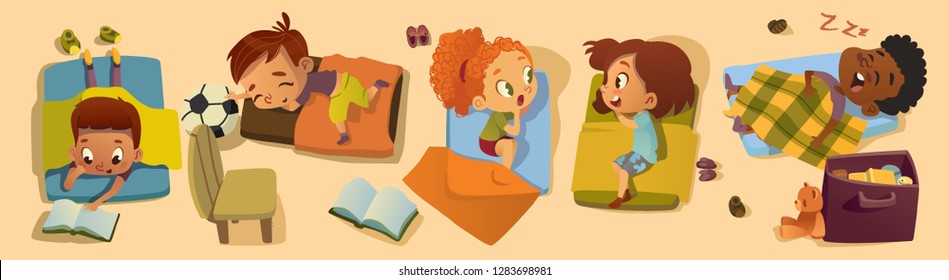 Elementary Class Bedtime Character Illustration. Kindergarten Multiracial Children Nap Time, Girl Friend Gossip. African Little Boy Character Sleep in Bed. Kindergarten Baby Read in Pajama.