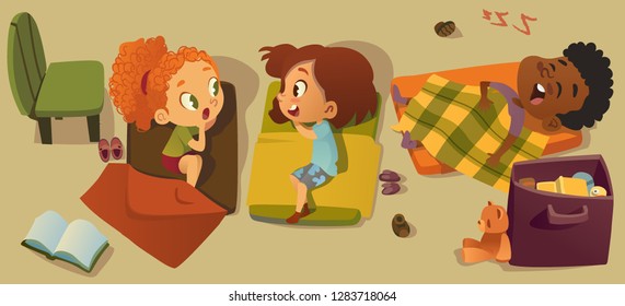 Elementary Class Bedtime Character Illustration. Kindergarten Multiracial Children Nap Time, Girl Friend Gossip. African Little Boy Character Sleep in Bed. Kindergarten Baby Read in Pajama.