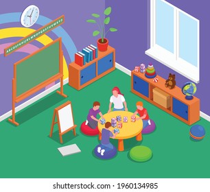 Elementary education background with woman and three children studying english letters with blocks in classroom isometric vector illustration