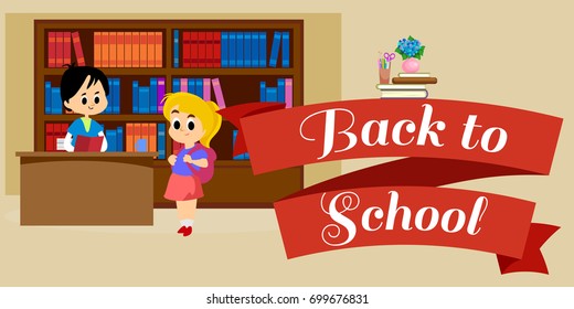 elementary education, students in library with bookshelf, back to lifestyle concept, literature lessons in school, information research vector illustration, child reading book in bookstore