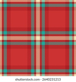 Elementary fabric seamless tartan, luxurious pattern vector textile. Custom plaid texture check background in red and teal colors palette.