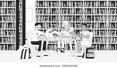 Elementary kids group assignment black and white line illustration. Diverse schoolkids doing homework together in library 2D characters monochrome background. Preteen primary outline vector image