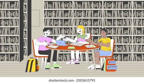 Elementary kids group assignment cartoon flat illustration. Diverse schoolkids doing homework together in library 2D characters colorful background. Preteen primary scene vector storytelling image