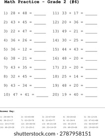 Elementary Math Homework Addition and Subtraction Grade 2.
Basic math homework template featuring a mix of addition and subtraction equations for grade 2. This printable vector worksheet is an excellent tool to reinforce foundational mathematical concepts.
